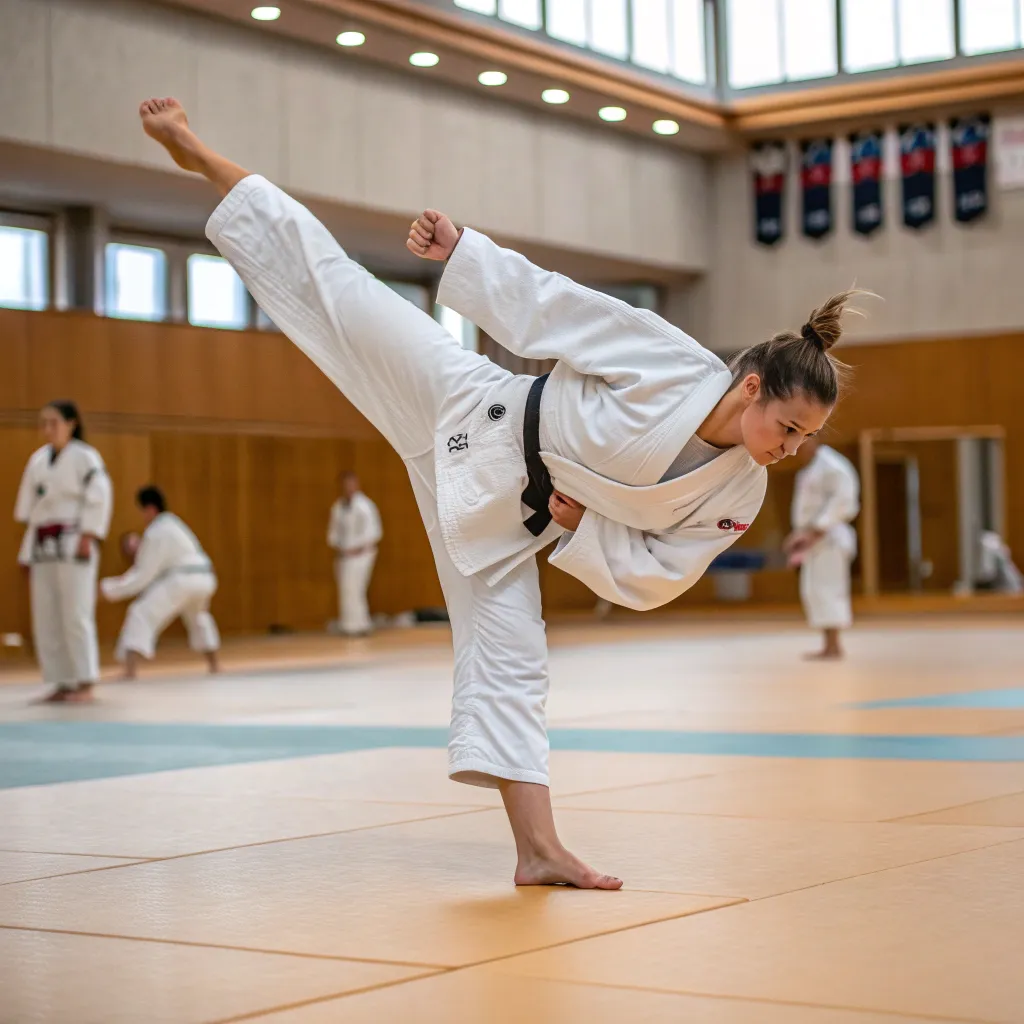 Emily Carter practicing judo techniques in the dojo
